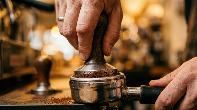 Close-up shot of a barista tamping freshly ground coffee into a portafilter with a tamper