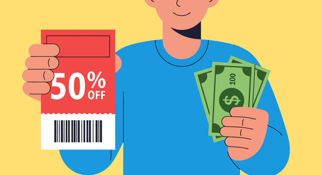 Man holding discount coupon and cash.