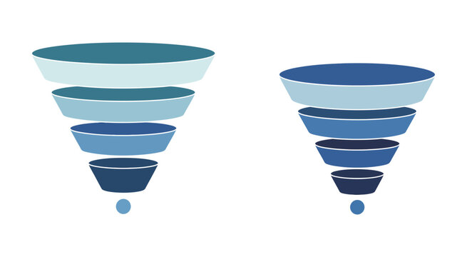 Sales funnel diagram vector illustration set with four and five stage elements for marketing, conversion, and business strategy visualization