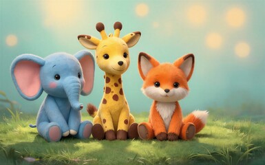 Fototapeta premium Three plush animals elephant giraffe fox sit together on a grassy