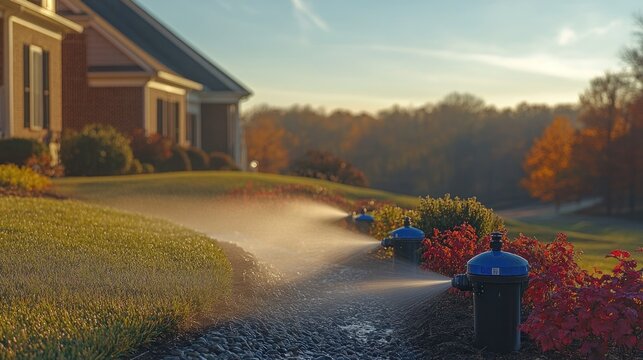 Sprinkler system watering lawn in autumn