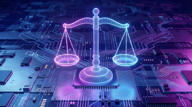Digital justice balance scale on futuristic technology circuit background