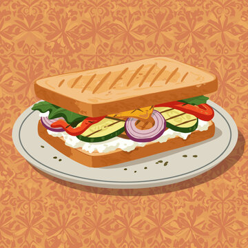 Grilled vegetable panini sandwich with zucchini, red onions, and peppers on a white plate over a patterned background, healthy vegetarian meal vector illustration
