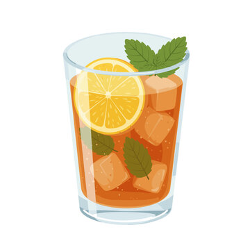 Glass of Refreshing Iced Tea with Lemon Slice, Mint Leaves and Ice Cubes Isolated on White Background