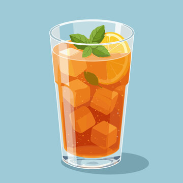 Refreshing Glass of Iced Tea with Ice Cubes, Lemon Slice, and Fresh Mint Garnish Vector Illustration