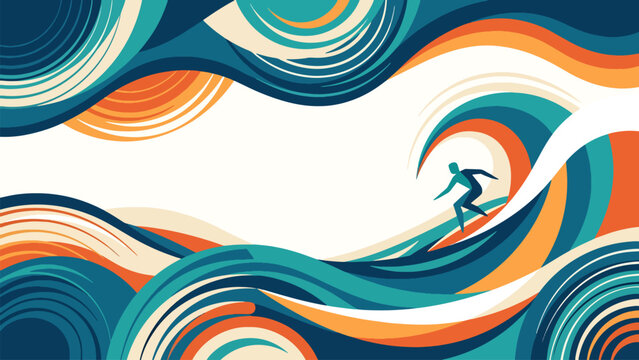 A graphic illustration of a surfer riding a large, stylized ocean wave with swirling patterns in blue, teal, orange, and white.