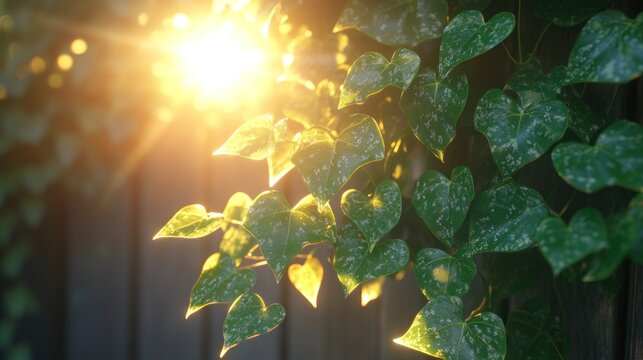 Sunlight filtering through lush greenery on a wooden fence