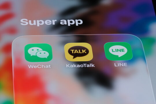 Shanghai,China-Apr.26th 2026: KakaoTalk, Wechat and Line. Super app icons