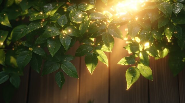 Sunlight streams through lush greenery on a wooden fence
