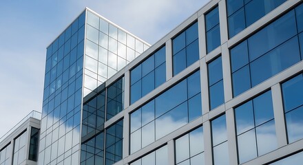 Obraz premium Modern glass building exterior architecture with reflections of clouds against a clear blue sky