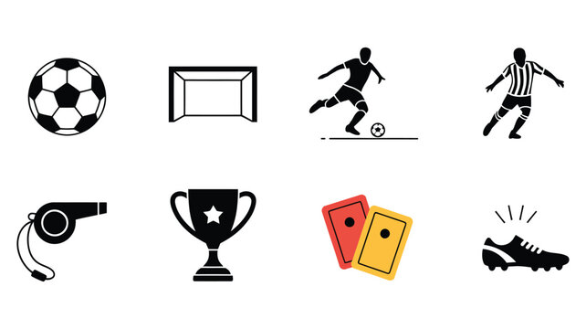 Soccer equipment and sports icons set including ball, goal, player, referee and related accessories, modern flat vector illustration