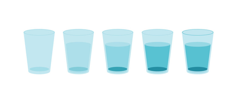Water glass icon vector illustration set with five levels of fill from empty to full for hydration tracking and liquid level concept