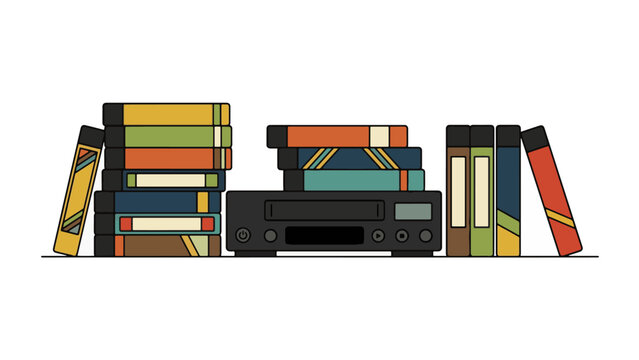 Illustration of a vintage VCR player surrounded by stacks of colorful VHS video cassette tapes.
