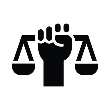 Raised fist with scales symbolizing social justice and human rights activism in flat vector style.