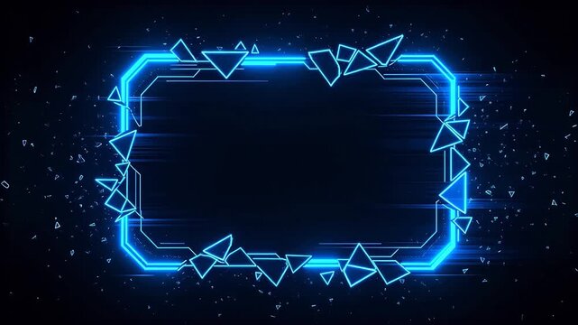 Blue neon polygon frame with floating geometric shapes on black background