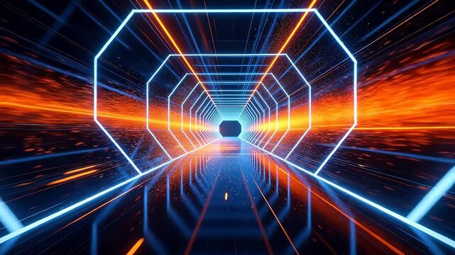 Abstract octagon neon tunnel with blue and orange lights creating infinite depth perspective