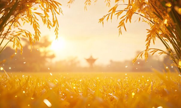Traditional Rice Celebration Environment: Lush Yellow Cereal Grain Field at Sunrise