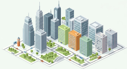Isometric Cityscape with Modern Buildings and Streets. © Itang