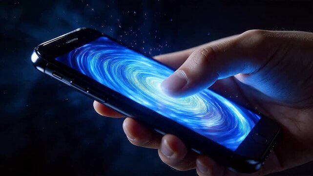 Hand holding smartphone with blue vortex screen on dark technology background