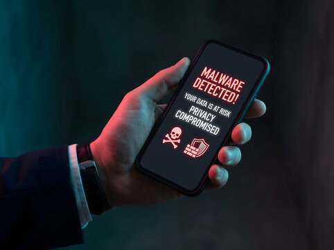 Phone screen displays malware detected warning with data privacy compromised alert, highlighting cyber security threat