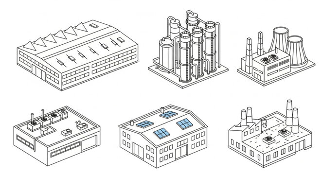 Set of Industrial Buildings and Factories Hand Drawn Style.