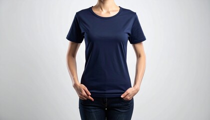 Obraz premium A navy blue t-shirt with short sleeves and a crew neck, worn by a person standing with their hands in their pockets, against a plain white background
