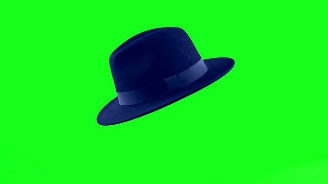 A stylish 3D model of a dark blue fedora hat with a matching ribbon. Isolated on a chroma key green screen, this accessory asset is designed for fashion transitions, character customization, and class