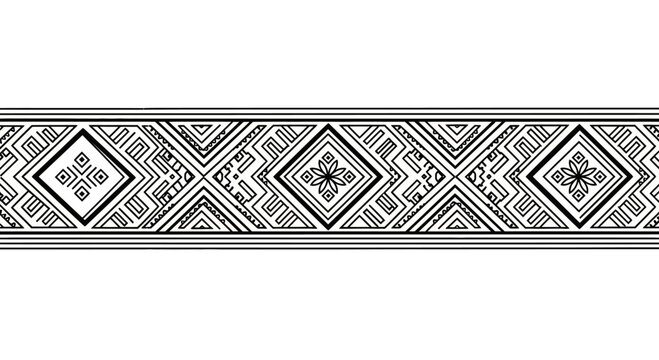 Seamless black and white geometric border design with ethnic tribal patterns.