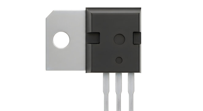 Power Transistor Component with Metal Tab and Pins on White Background