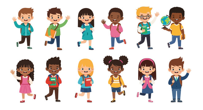 Diverse group of happy school children walking and waving while carrying their colorful backpacks