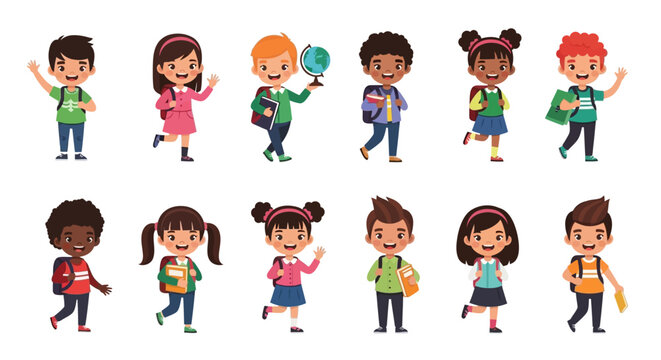 Happy school children standing and waving while carrying their colorful backpacks