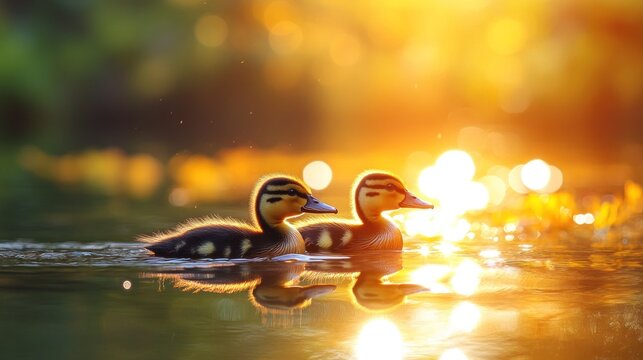 Two ducklings in golden sunlight on water