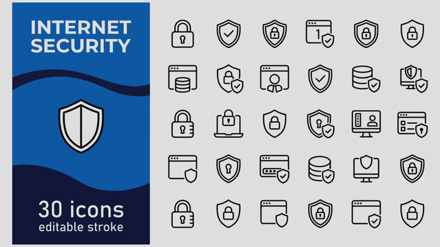 Internet security icons set with shields locks and checks for safe online browsing and data protection  cybersecurity  30 editable stroke graphics