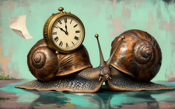 Snail carries clock symbolizing slow pace vs. time's relentless march.