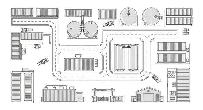 Aerial view of industrial complex with buildings and roads.