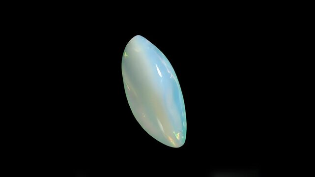 A smooth, polished white oval gemstone or crystal reflecting light as it slowly rotates. The 3D animation is isolated on a solid black background for a stark, elegant contrast.