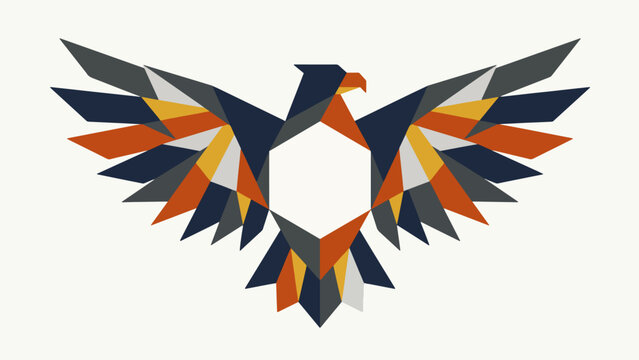Stylized geometric eagle or phoenix bird logo with outstretched wings, featuring a central hexagonal negative space, rendered in a modern polygonal art style with dark blue, orange, yellow, and grey c