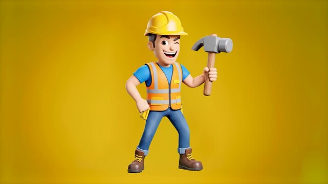 A cheerful 3D animated handyman or construction worker character wearing a yellow hard hat and safety vest, holding a hammer. Set against a vibrant yellow background, this mascot is ideal for home rep