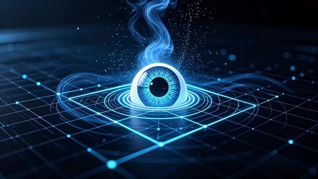 Futuristic digital eye with blue iris scanning on dark technology background