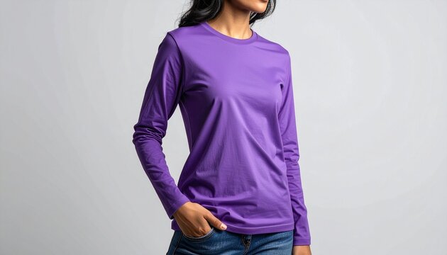 Studio Shot of a Woman Wearing a Plain Purple Long-Sleeve T-Shirt with Her Hand in Her Pocket