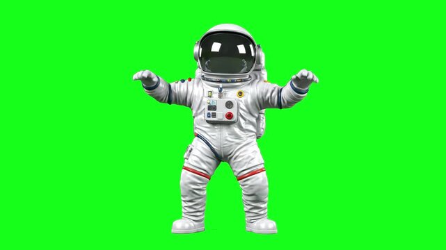 A cheerful 3D astronaut in a white space suit performing a joyful rhythmic dance. Isolated on a green screen background for easy chroma keying in sci-fi, space exploration, or educational projects.