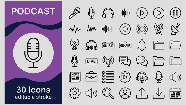 Podcast icons set for audio and broadcasting design elements and social media content creation tools