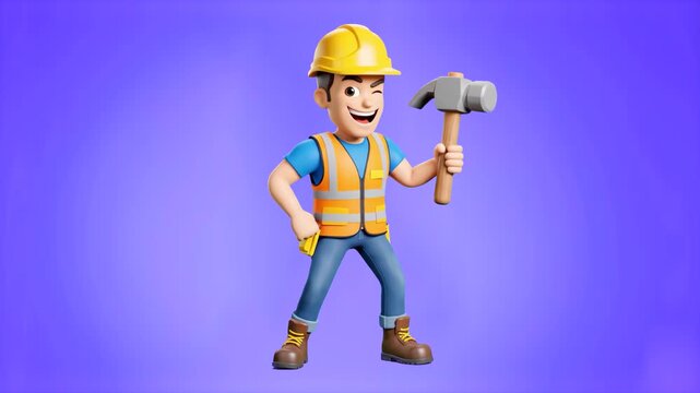 A friendly 3D construction worker in a safety uniform performing a joyful rhythmic dance with a hammer. Set against a vibrant purple studio background for commercial or social media use.