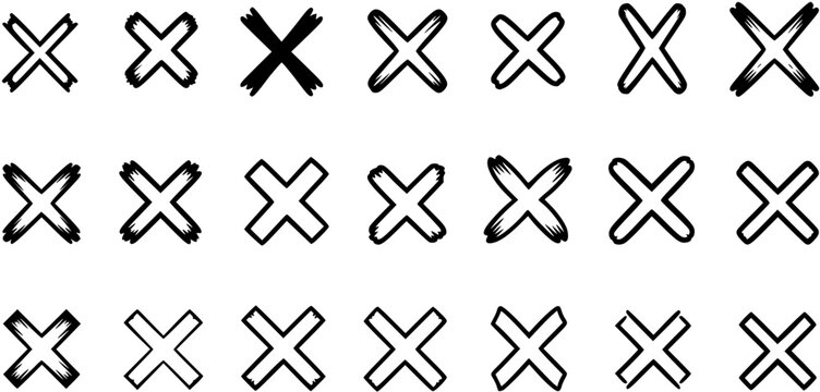 Hand-Drawn Black and White X Marks Set for Design, UI, Wrong, Close, Delete, Multiply Symbols, and Cross Icons in Varied Line Art Styles