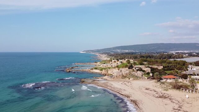 Wide aerial of archeological site of Achziv National Park Coastal Ruins, Israel