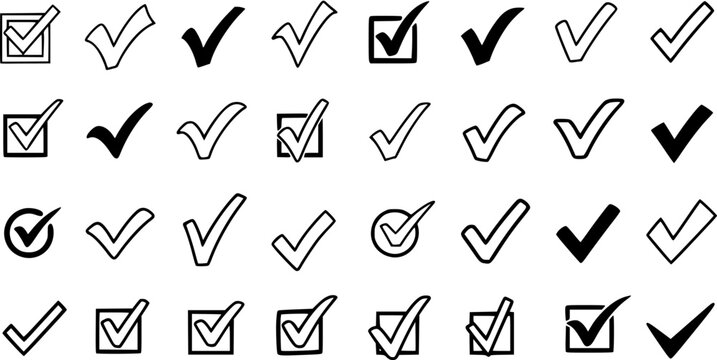 Diverse Collection of Checkmark Icons in Black and White Line Art and Solid Glyph Styles - Universal Approval, Selection, and Task Completion Symbols for Interface Design