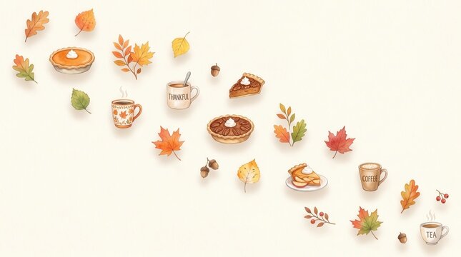 Arrangement of fall leaves, pumpkin pie, pecan pie, apple pie, and hot drinks for autumn season