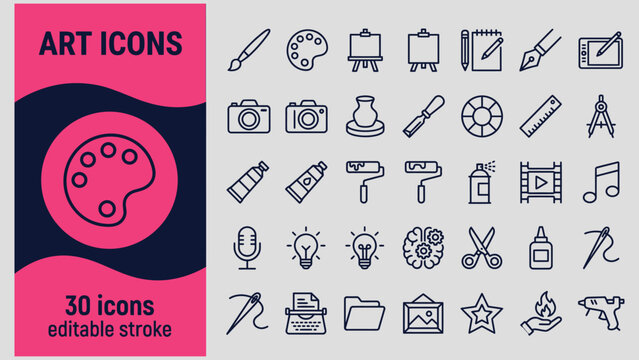 Thirty editable art icons in thirty different line styles for creative projects and design needs  various artistic tools and symbols