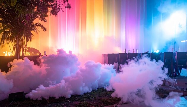 Vibrant colorful smoke and lights at night.