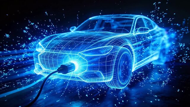 Blue holographic wireframe car with grid lines and charging plug on dark background